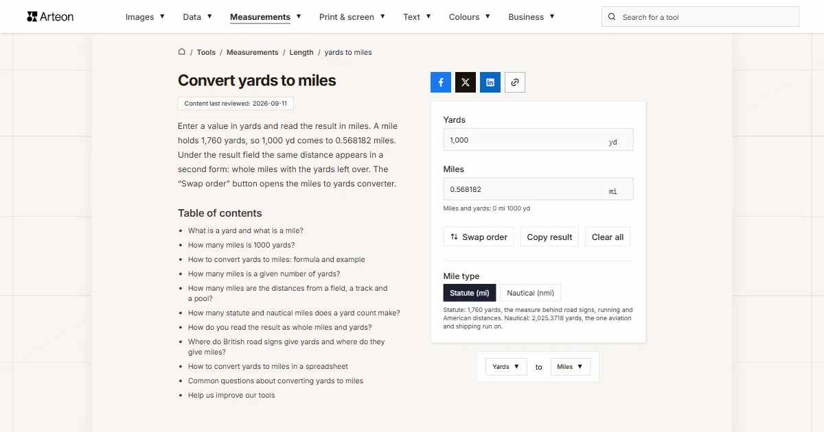 Arteon free tool screenshot: Convert yards to miles