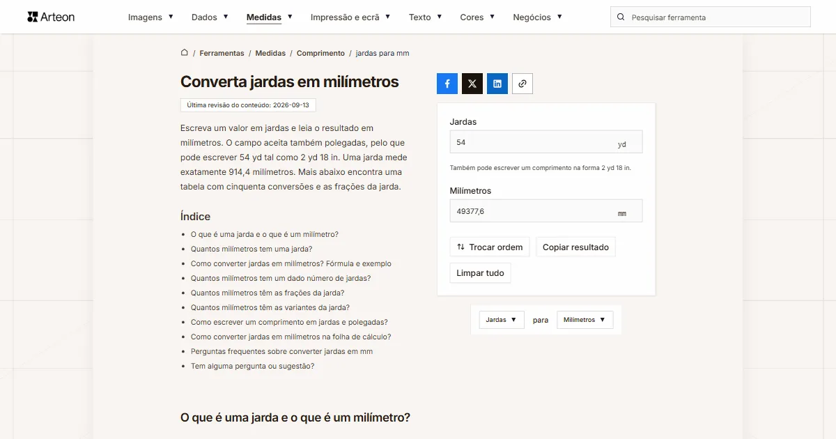 Captura de ecrã da ferramenta gratuita da Arteon: Converta jardas em milímetros