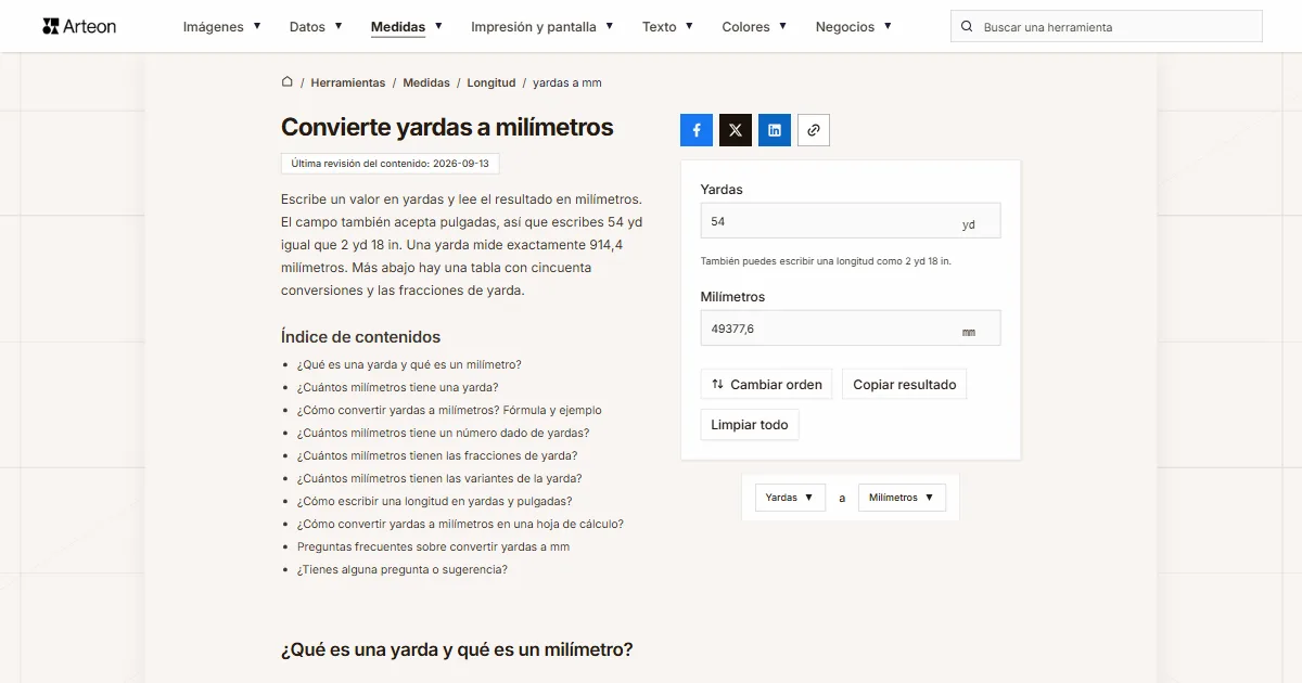 Captura de pantalla de la herramienta gratuita de Arteon: Convierte yardas a milímetros