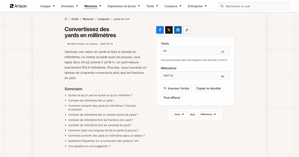 Capture d'écran de l'outil gratuit d'Arteon: Convertissez des yards en millimètres