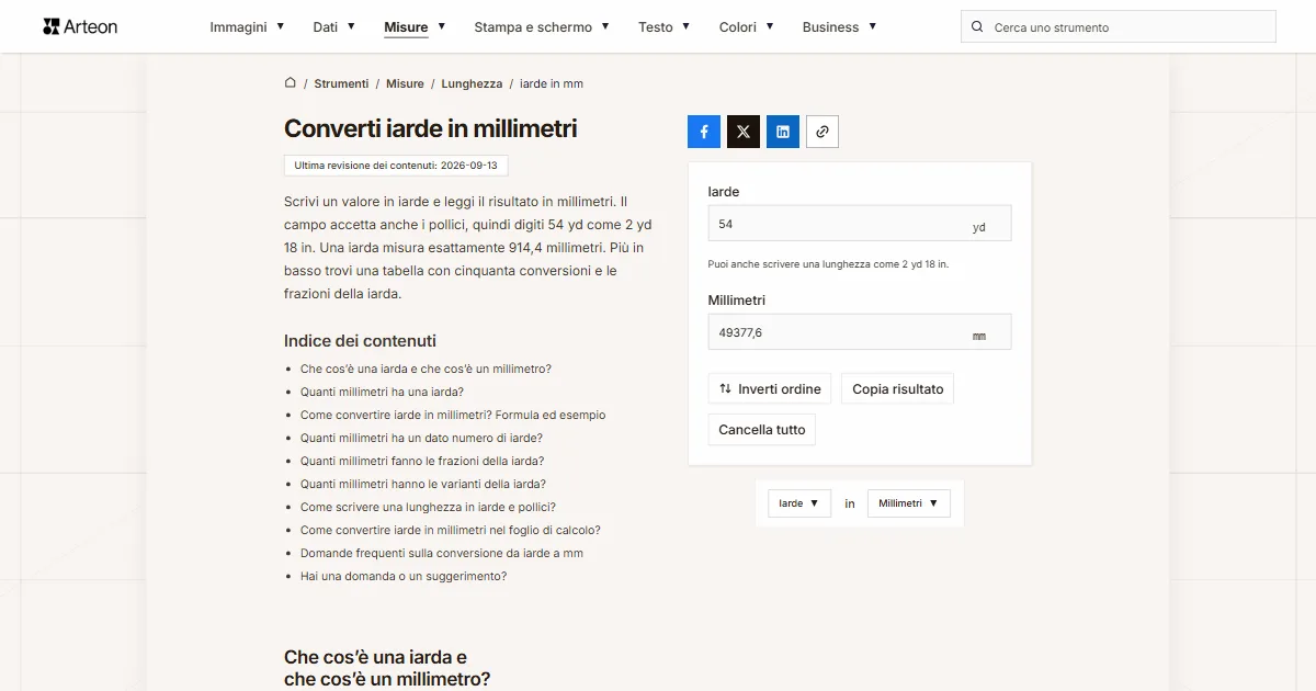 Screenshot dello strumento gratuito Arteon: Converti iarde in millimetri