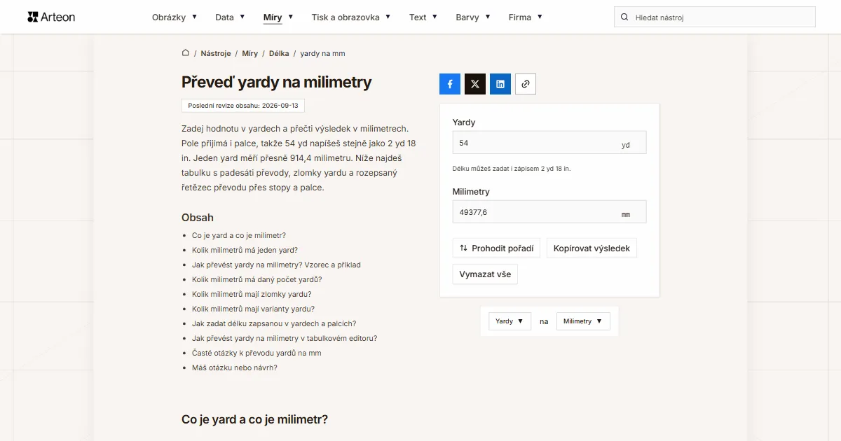Snímek obrazovky bezplatného nástroje Arteon: Převeď yardy na milimetry