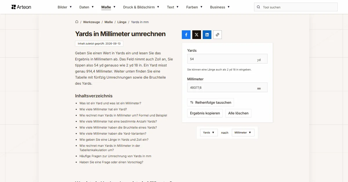 Screenshot des kostenlosen Arteon-Werkzeugs: Yards in Millimeter umrechnen