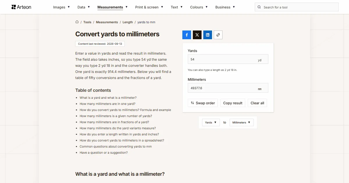 Arteon free tool screenshot: Convert yards to millimeters