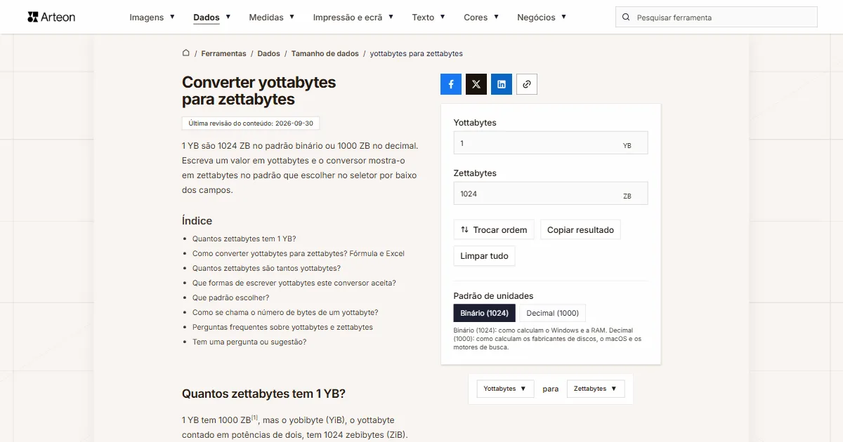 Captura de ecrã da ferramenta gratuita da Arteon: Converter yottabytes para zettabytes