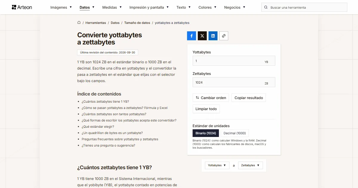 Captura de pantalla de la herramienta gratuita de Arteon: Convierte yottabytes a zettabytes