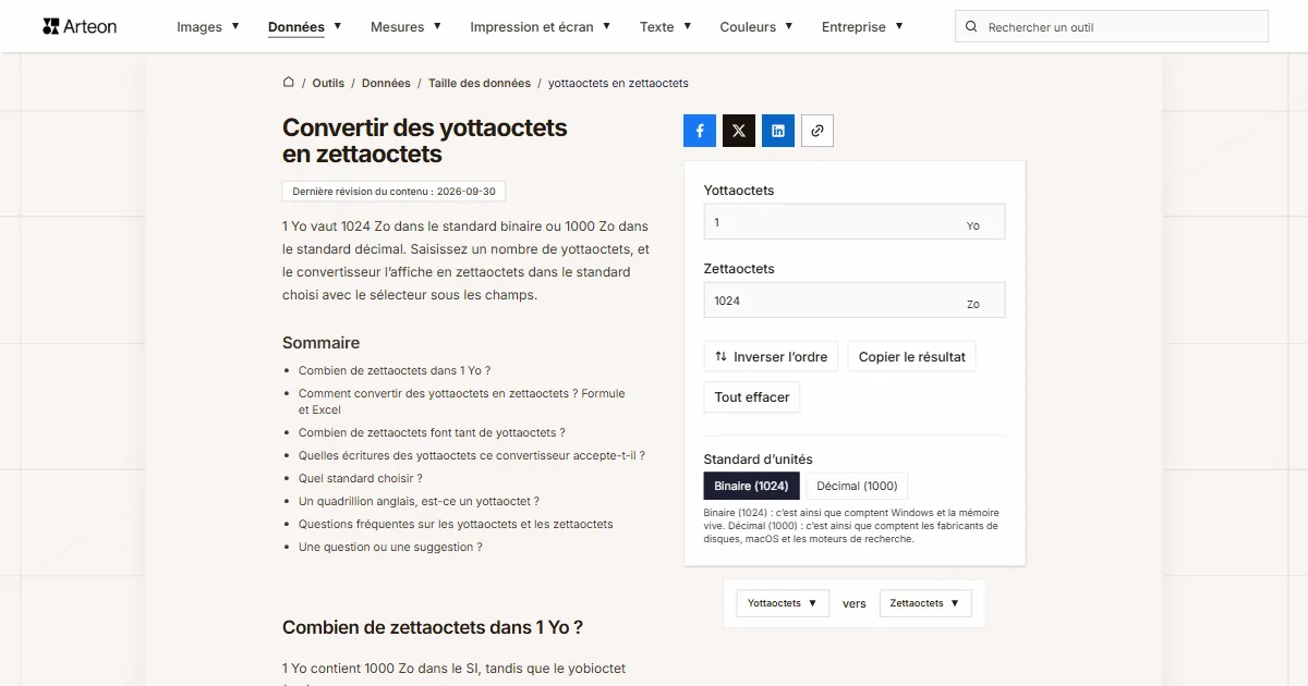 Capture d'écran de l'outil gratuit d'Arteon: Convertir des yottaoctets en zettaoctets