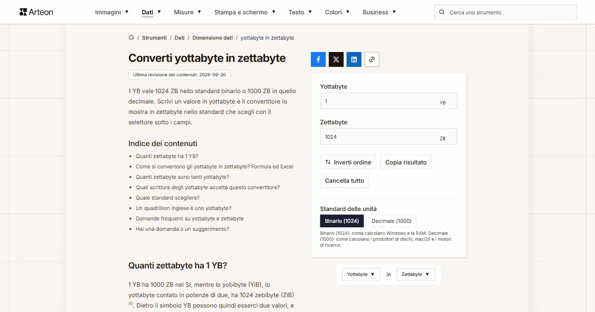 Screenshot dello strumento gratuito Arteon: Converti yottabyte in zettabyte