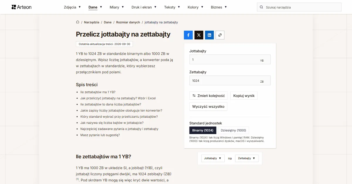 Zrzut ekranu darmowego narzędzia Arteon: Przelicz jottabajty na zettabajty