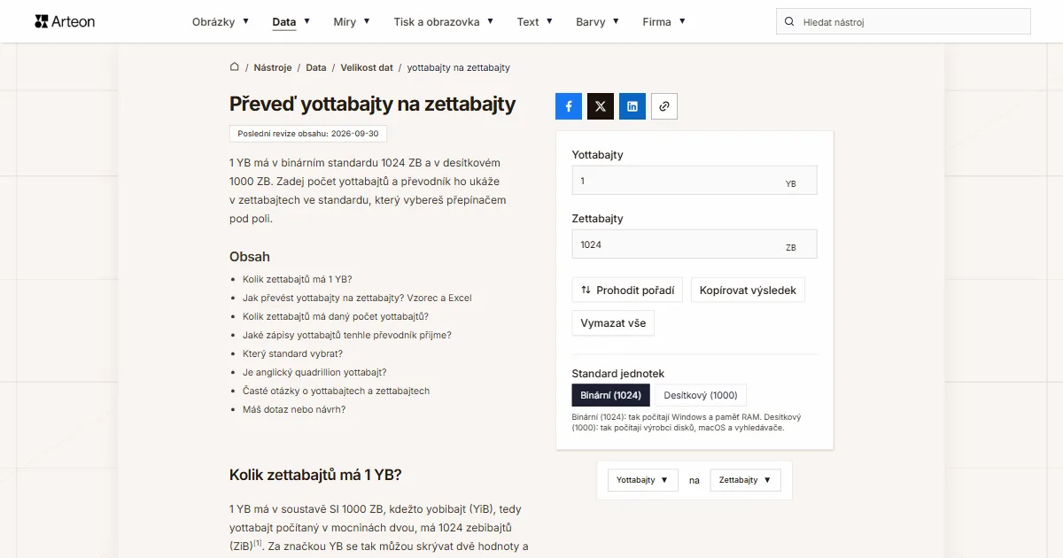Snímek obrazovky bezplatného nástroje Arteon: Převeď yottabajty na zettabajty