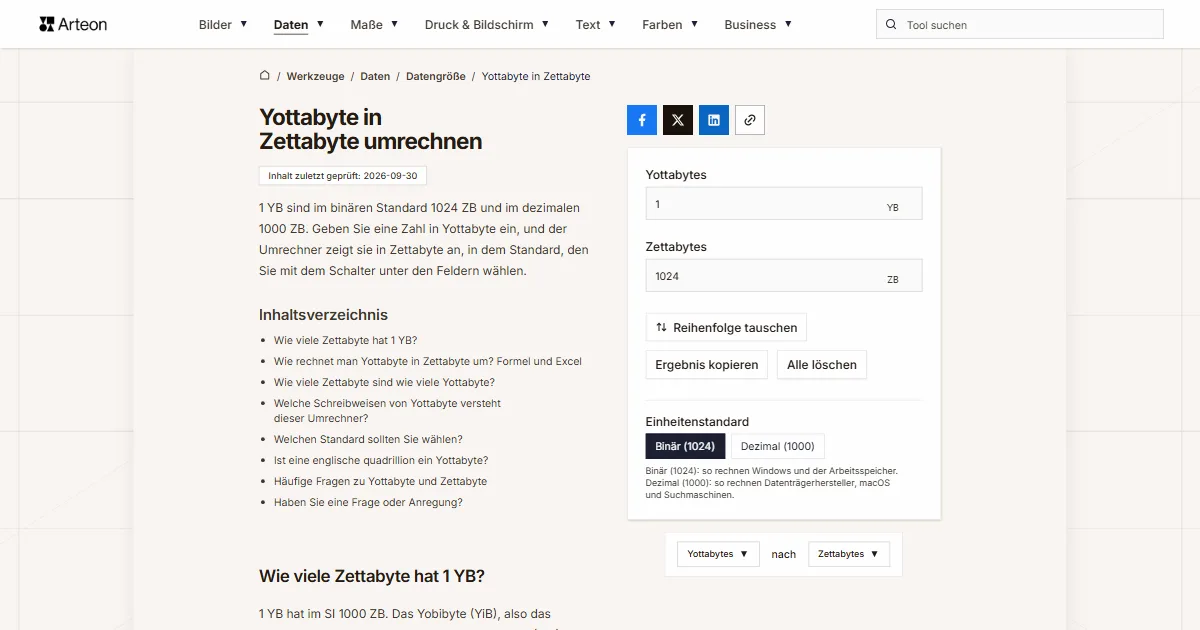 Screenshot des kostenlosen Arteon-Werkzeugs: Yottabyte in Zettabyte umrechnen