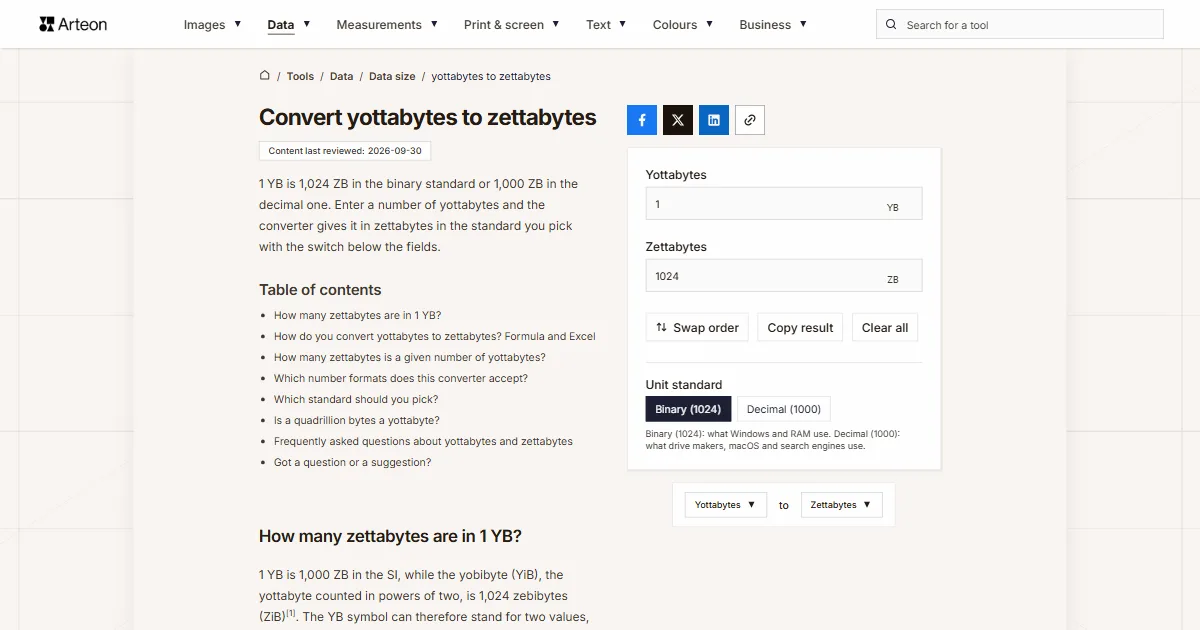 Arteon free tool screenshot: Convert yottabytes to zettabytes