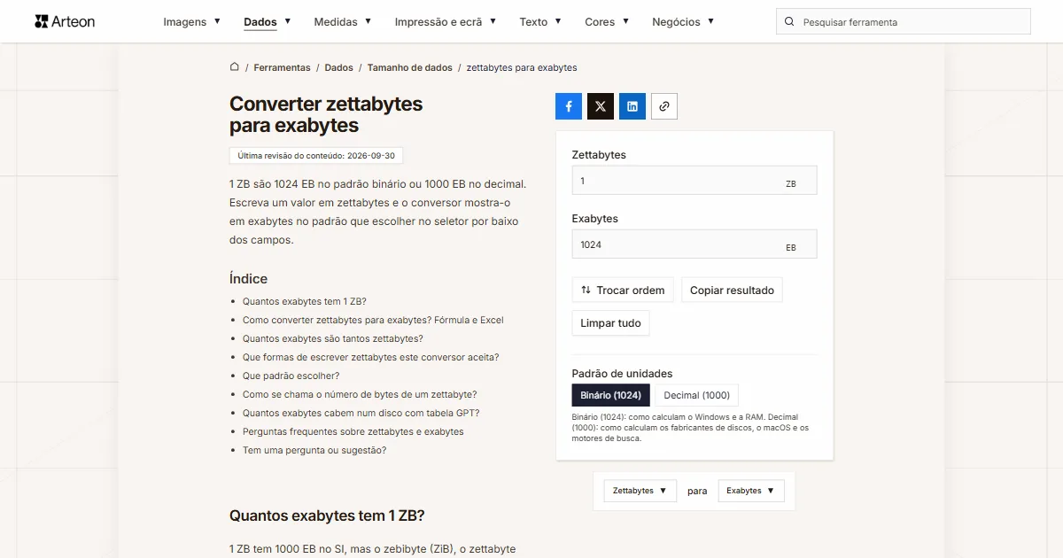 Captura de ecrã da ferramenta gratuita da Arteon: Converter zettabytes para exabytes