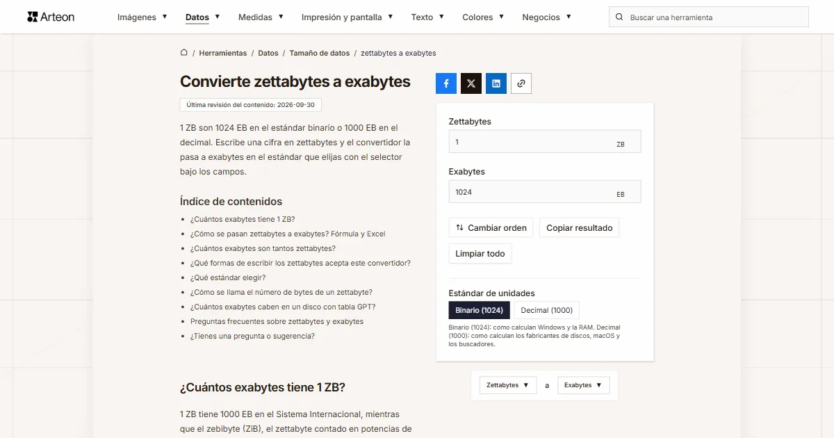 Captura de pantalla de la herramienta gratuita de Arteon: Convierte zettabytes a exabytes