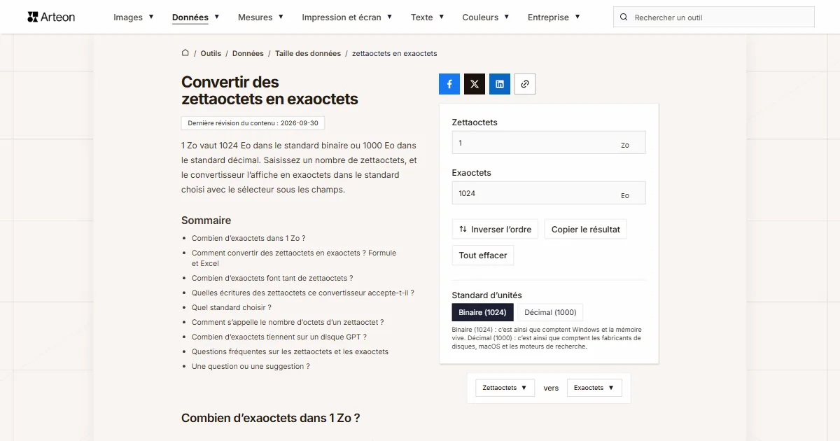 Capture d'écran de l'outil gratuit d'Arteon: Convertir des zettaoctets en exaoctets