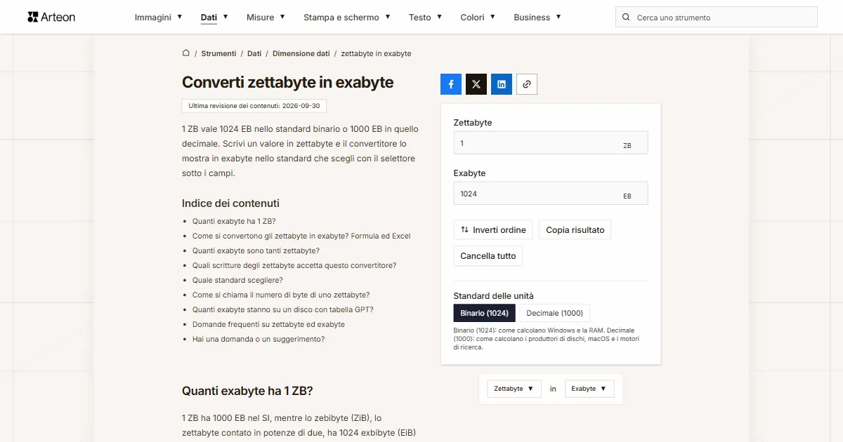 Screenshot dello strumento gratuito Arteon: Converti zettabyte in exabyte