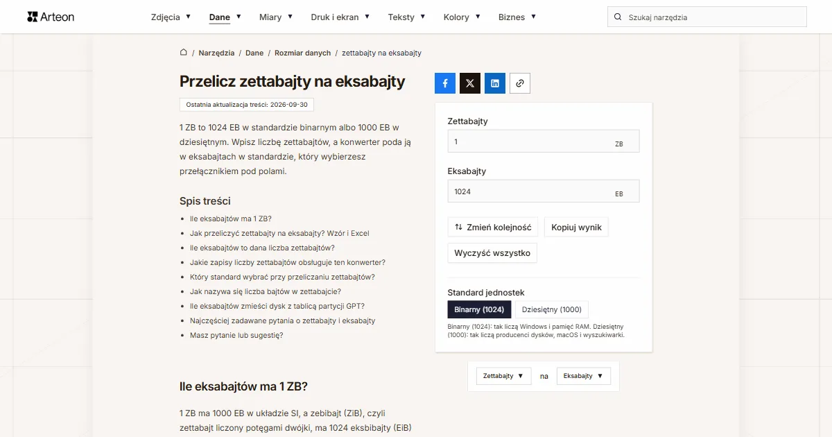 Zrzut ekranu darmowego narzędzia Arteon: Przelicz zettabajty na eksabajty