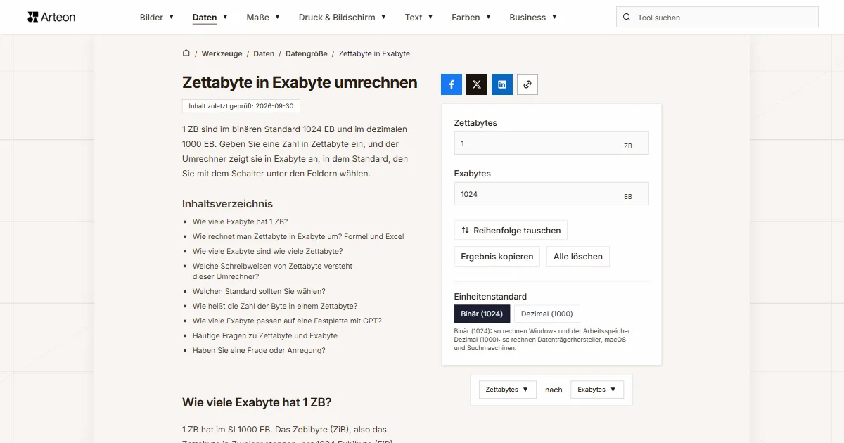 Screenshot des kostenlosen Arteon-Werkzeugs: Zettabyte in Exabyte umrechnen