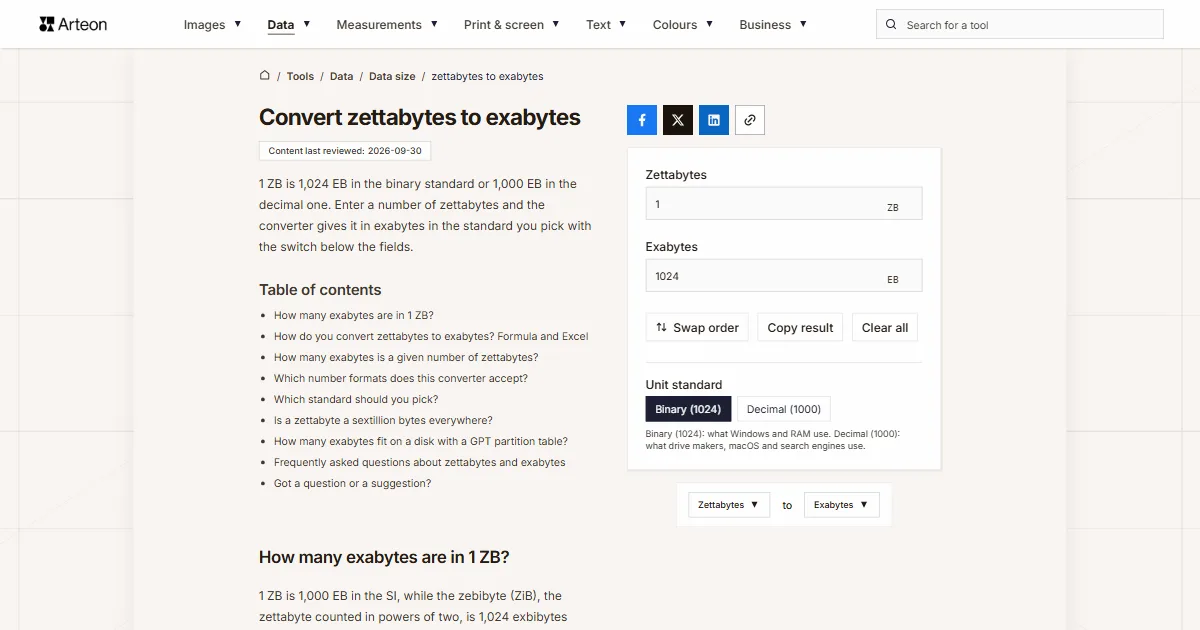 Arteon free tool screenshot: Convert zettabytes to exabytes
