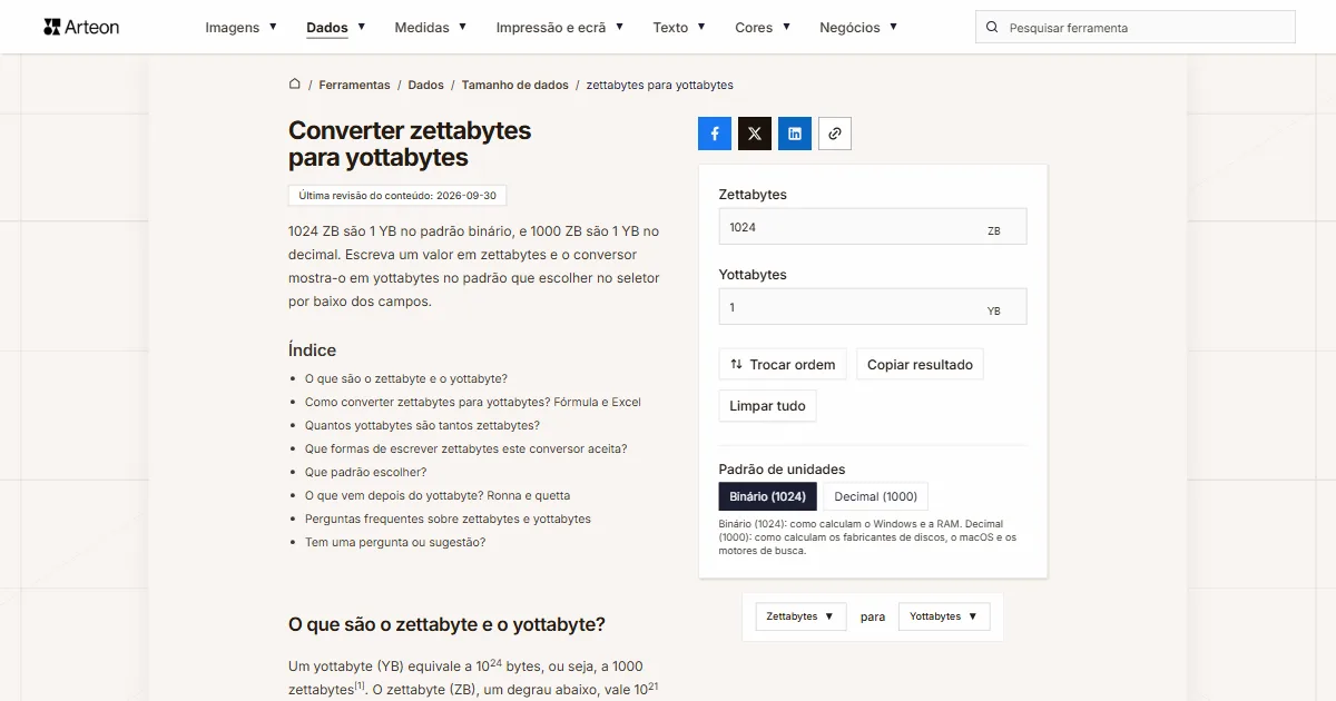 Captura de ecrã da ferramenta gratuita da Arteon: Converter zettabytes para yottabytes