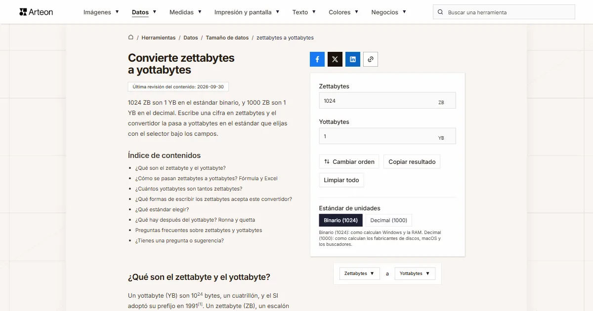 Captura de pantalla de la herramienta gratuita de Arteon: Convierte zettabytes a yottabytes