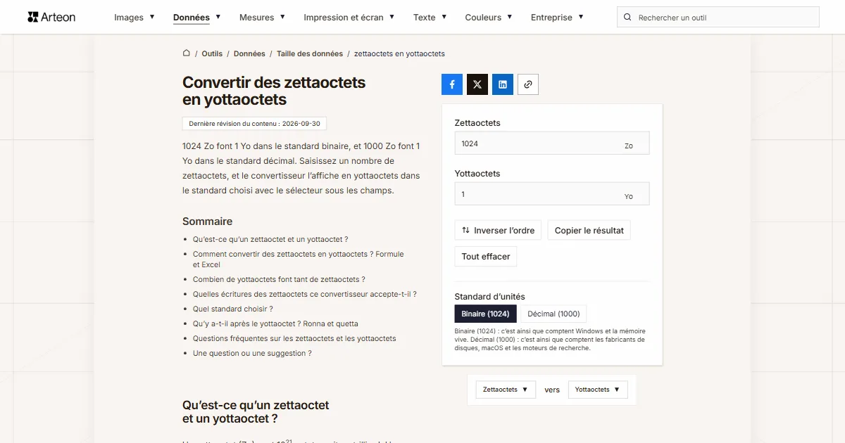 Capture d'écran de l'outil gratuit d'Arteon: Convertir des zettaoctets en yottaoctets