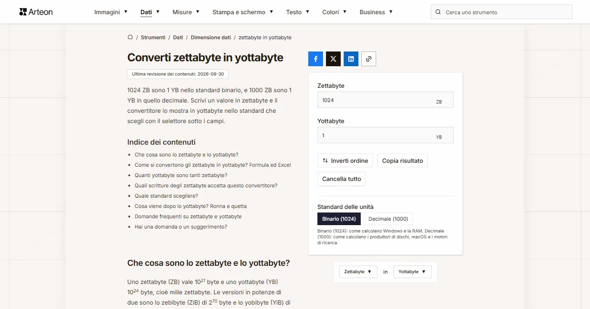 Screenshot dello strumento gratuito Arteon: Converti zettabyte in yottabyte