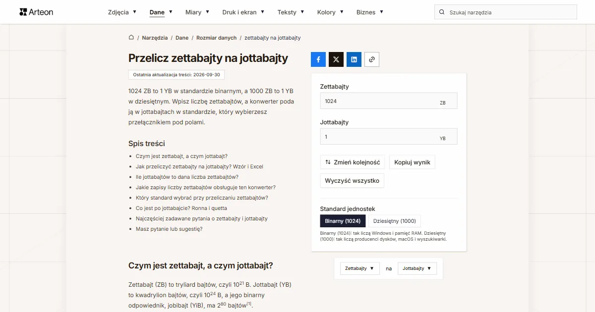 Zrzut ekranu darmowego narzędzia Arteon: Przelicz zettabajty na jottabajty