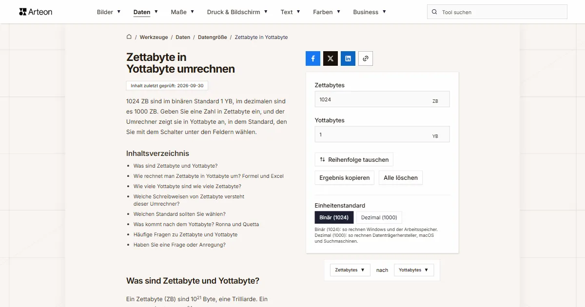 Screenshot des kostenlosen Arteon-Werkzeugs: Zettabyte in Yottabyte umrechnen