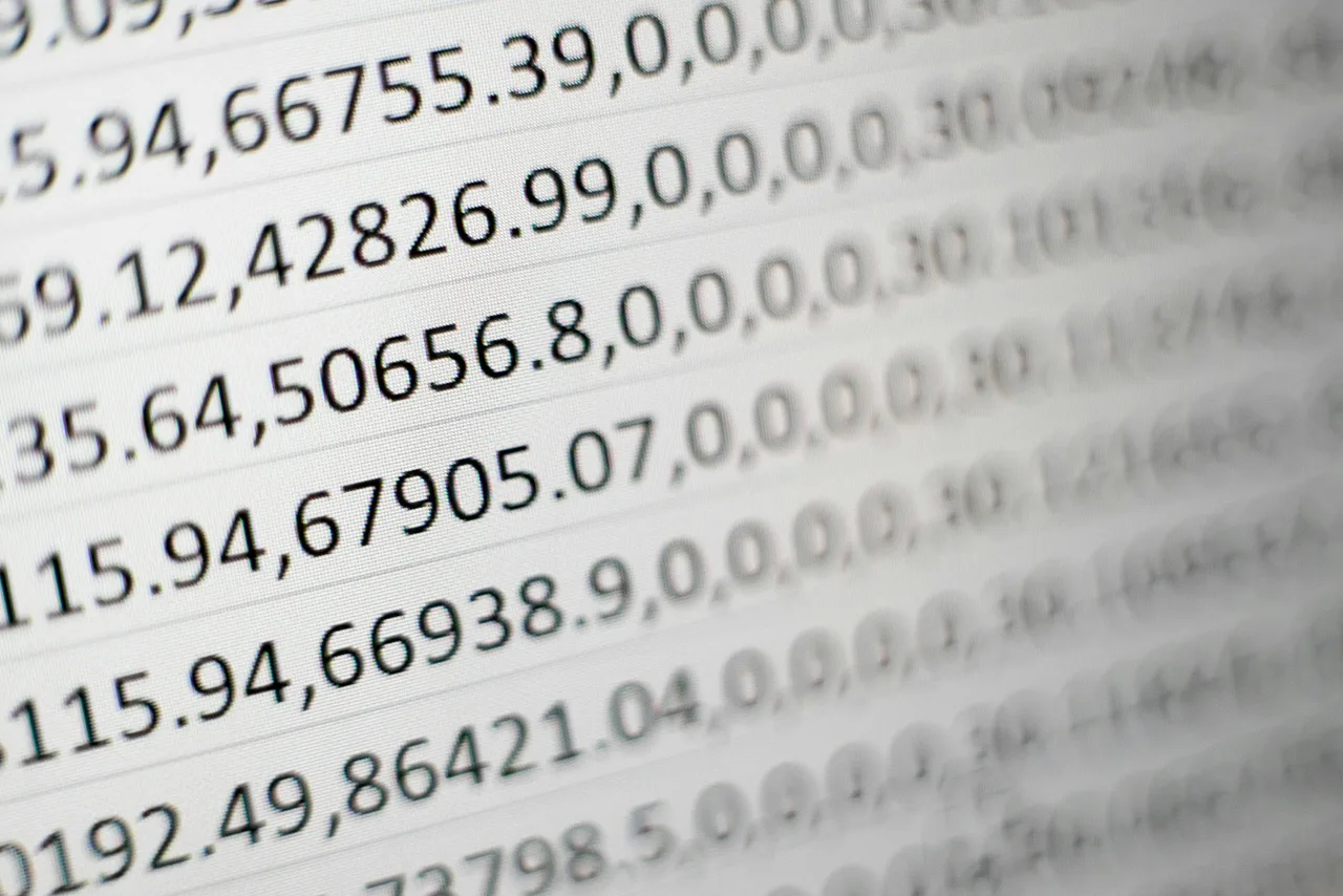 Printed rows of numbers separated by commas, with the decimal part written after a point