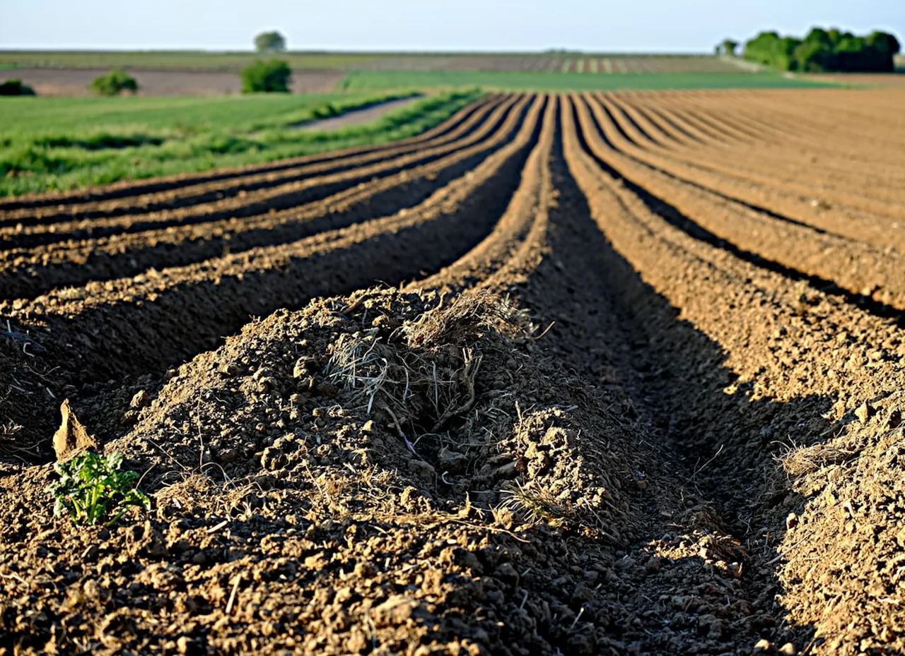 Zaorane pole z długimi równoległymi bruzdami biegnącymi ku horyzontowi