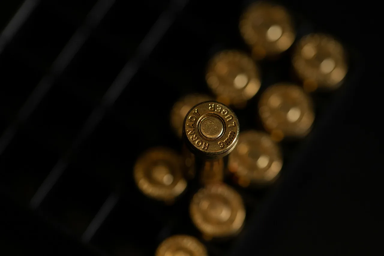 Denka łusek, na pierwszym planie wybity napis 9mm HORNADY LUGER