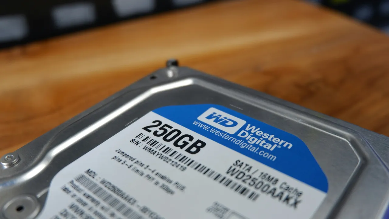 Etykieta dysku twardego Western Digital z dużym napisem 250GB, oznaczeniem modelu WD2500AAKX i dopiskiem SATA / 16MB Cache