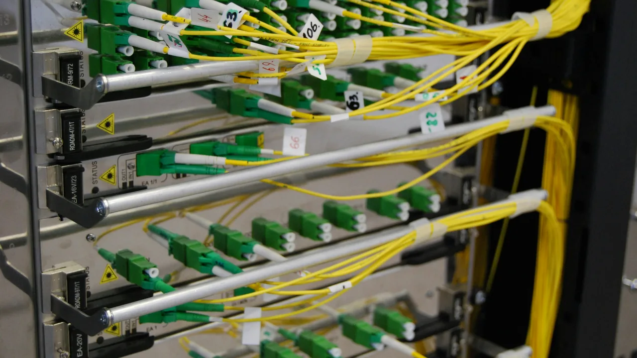 Optical transport cards with green connectors and yellow single-mode fibre patch cords