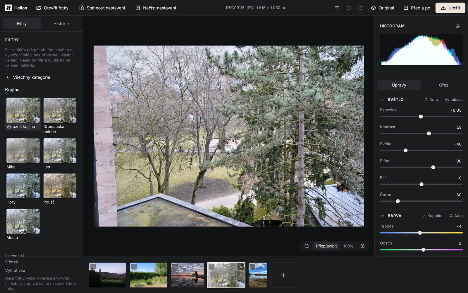 Panel Filtry v editoru Helios s otevřenou kategorií Krajina a jejími sedmi filtry, vedle fotka stromů