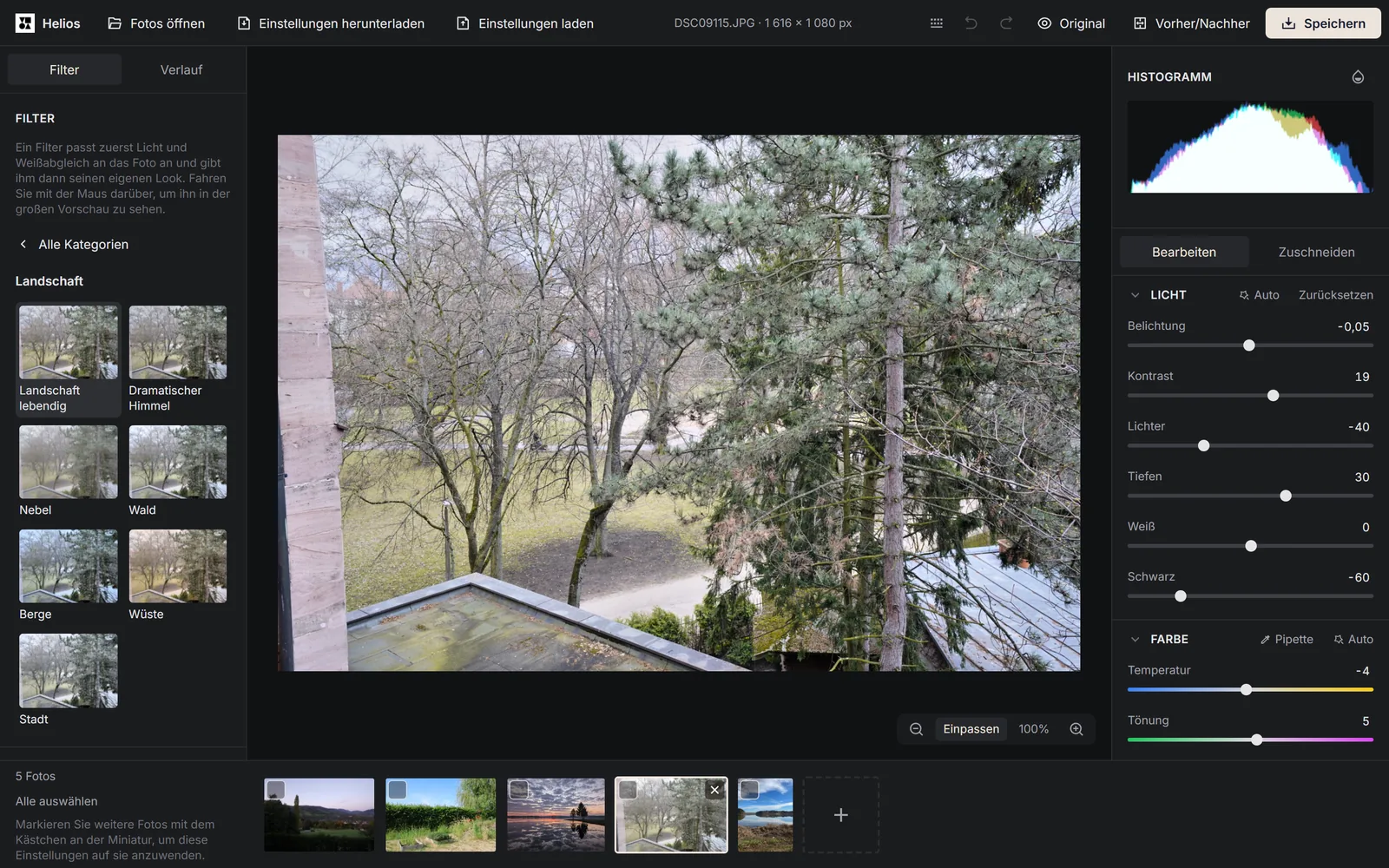 Bedienfeld Filter im Editor Helios mit der geöffneten Kategorie Landschaft und ihren sieben Filtern, daneben ein Foto von Bäumen
