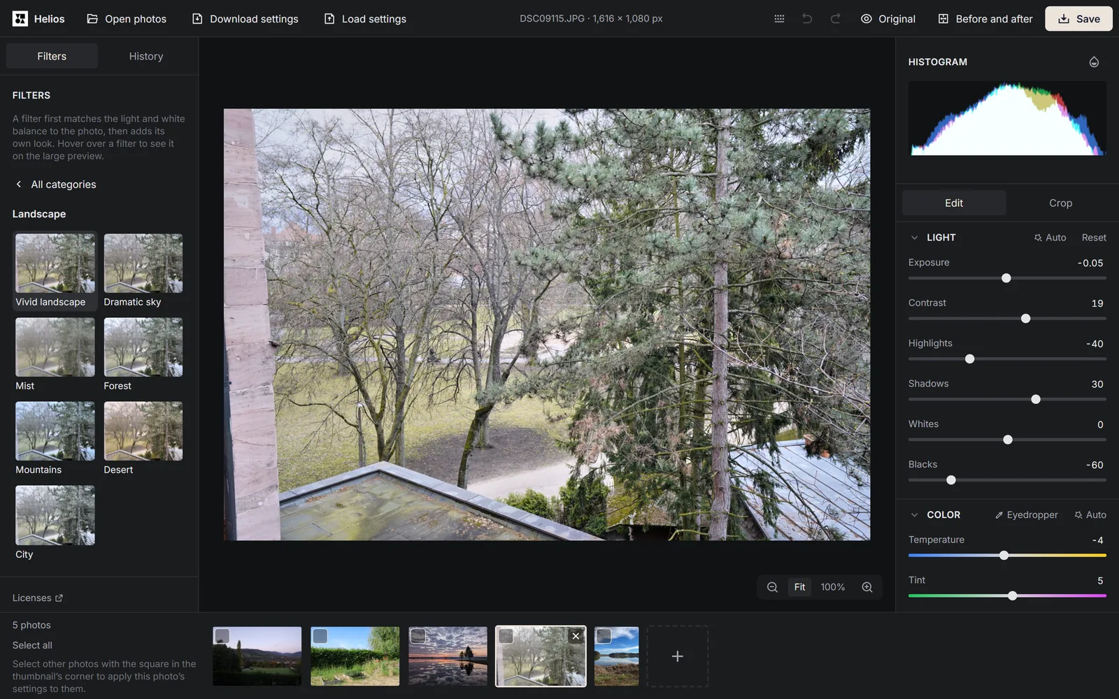 The Filters panel in the Helios editor showing the open Landscape category with its seven filters, next to a photo of trees