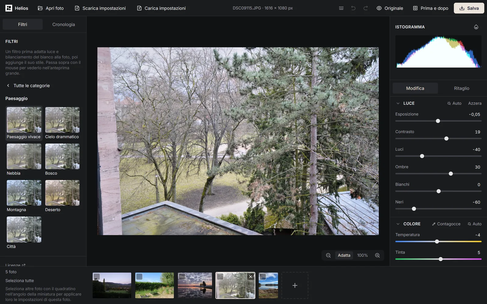 Il pannello Filtri dell’editor Helios con la categoria Paesaggio aperta e i suoi sette filtri, accanto a una foto di alberi
