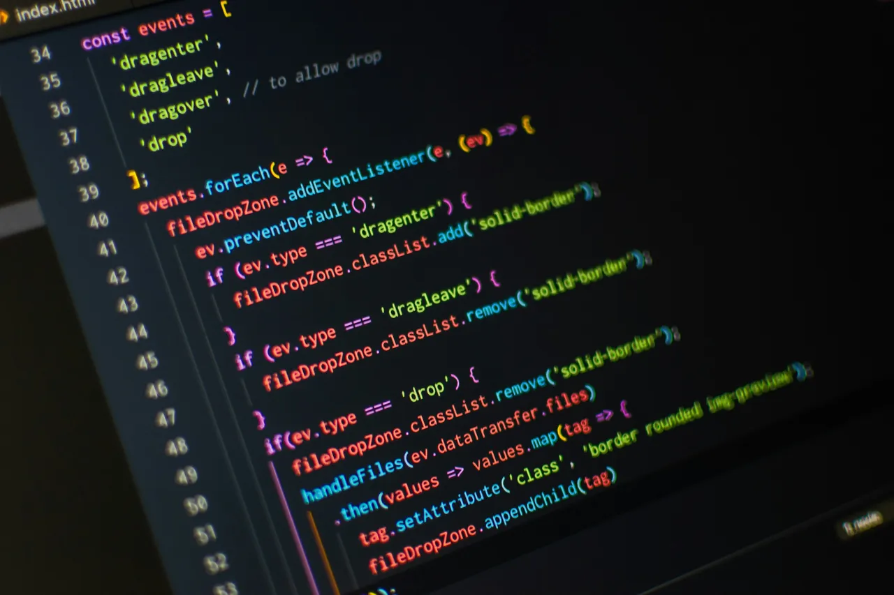 JavaScript code in an editor with an array of the event names dragenter, dragleave, dragover and drop