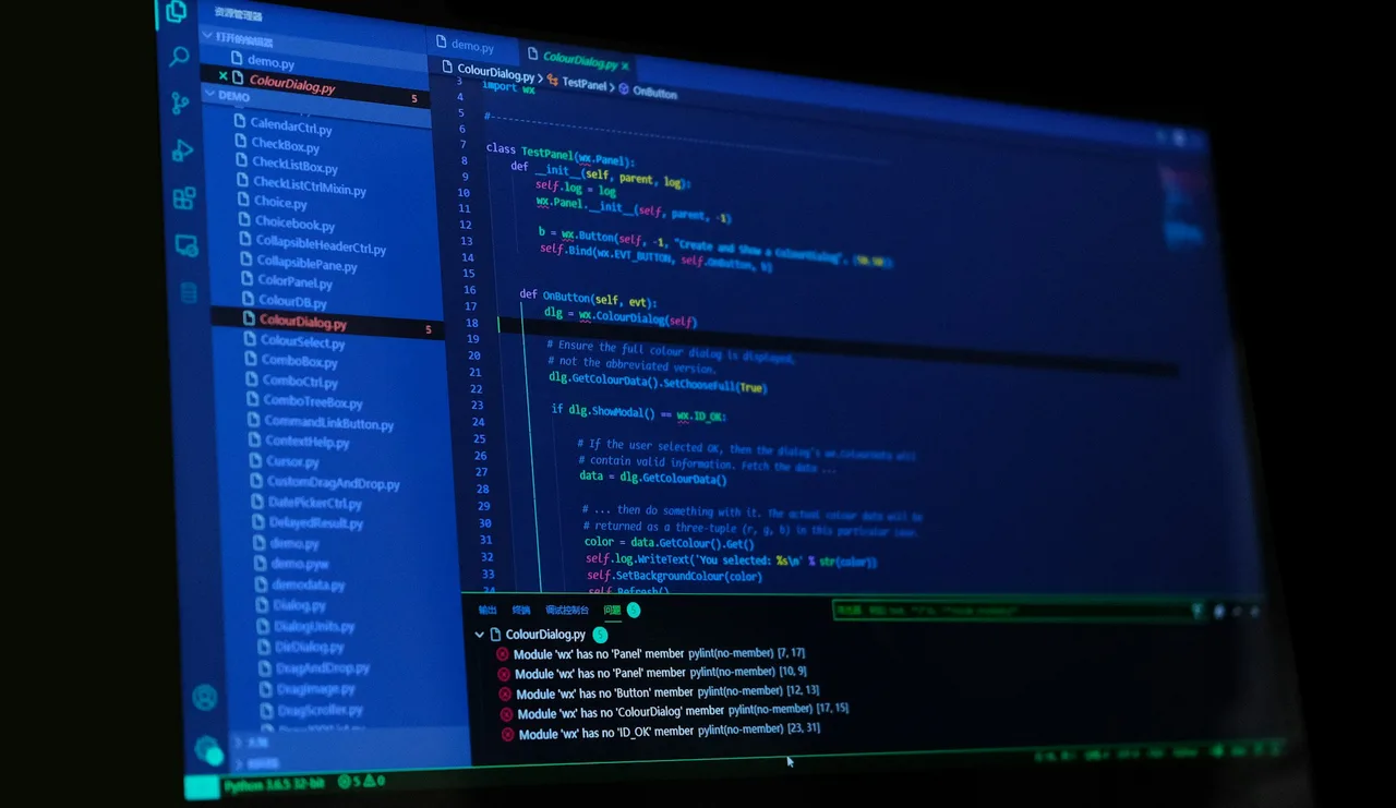 A code editor screen with a file tree on the left, code with hash comment lines and an error list at the bottom