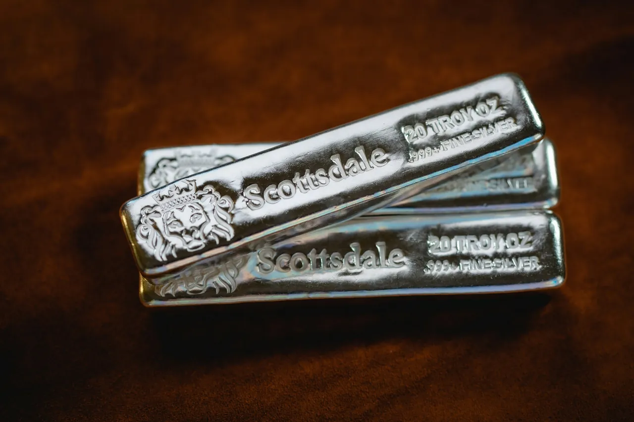 Trzy srebrne sztabki z napisem Scottsdale, głową lwa i wybitym oznaczeniem 20 TROY OZ.999 FINE SILVER, ułożone na brązowym tle