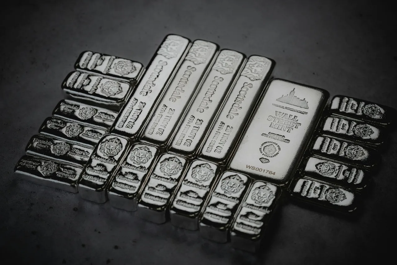 Silver bars laid side by side: four long bars stamped 20 TROY OZ, a larger one stamped ONE KILO and small ones stamped 100 GRAMS