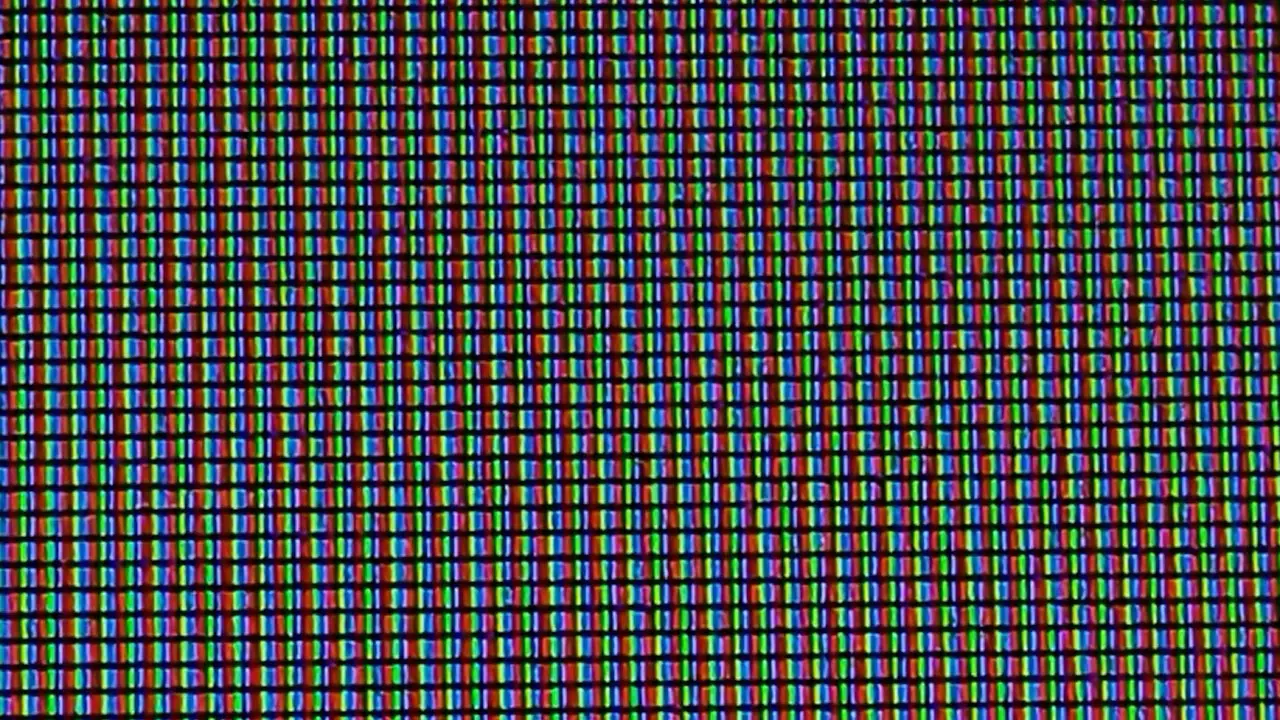 A display pixel grid under high magnification, with red, green and blue stripes