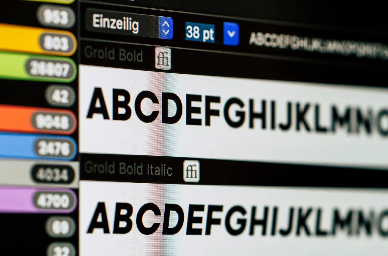 Fenêtre d’un gestionnaire de polices avec le champ de taille réglé sur 38 pt et des échantillons d’alphabet