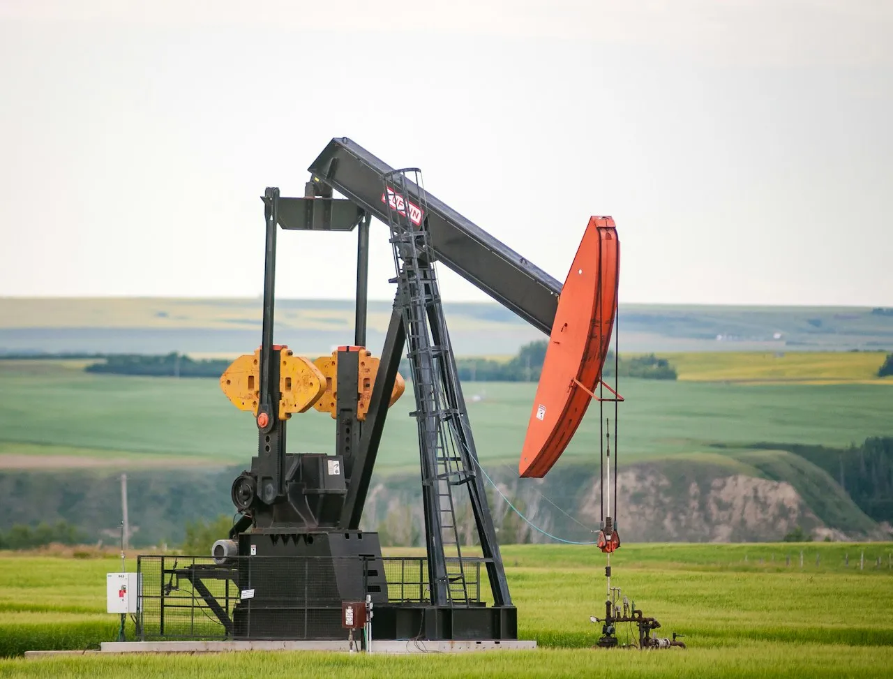 Oil pumpjack with a black beam and a red horsehead standing in a green field