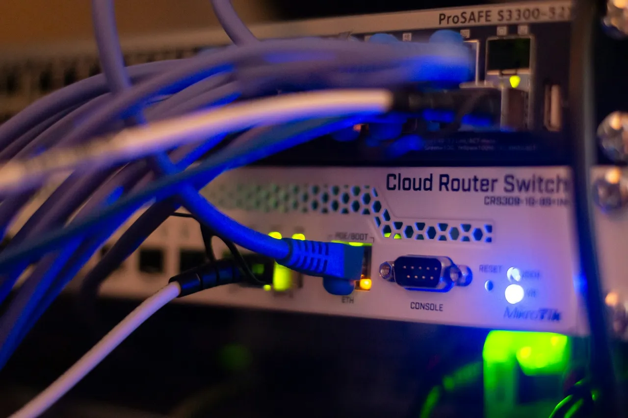 A network switch with blue and grey Ethernet cables plugged in
