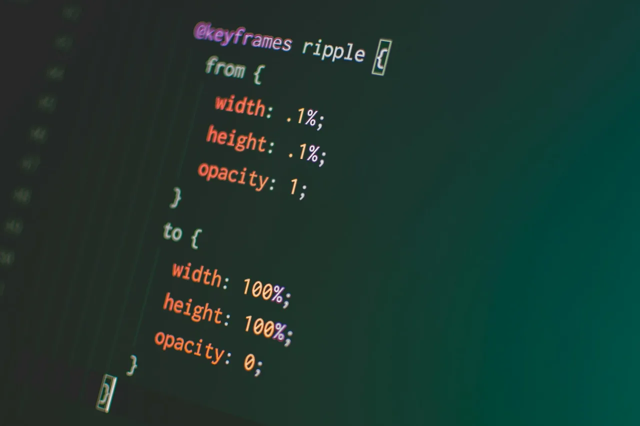 CSS code on an editor screen with a @keyframes rule, indentation and name: value pairs